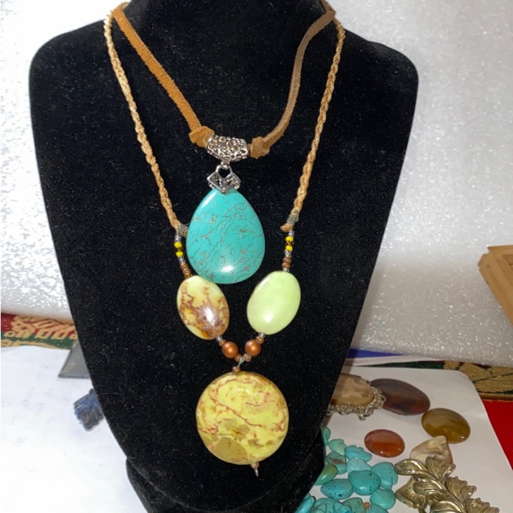 turquoise  necklace, pendant, and green jasper necklace. Hippy boho